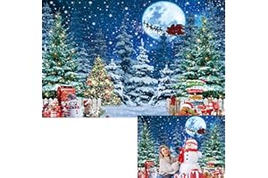 BINQOO Christmas Eve Forest Snow Scene Backdrop Winter Pine Tree Natural Landscape Background Family Xmas Sled Full Moon Night Party (blue, 7x5FT)