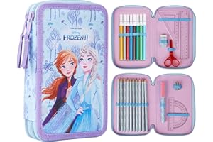 Disney Estuche de Lápices con Papelería para Niñas, Estuches Escolares, Lápices de Colores, Rotuladores (Frozen Cremallera doble)