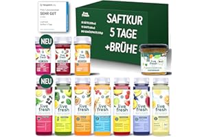 ‎LIVEFRESH LiveFresh Saftkur 5 Tage + BIO Brühe – 35 Säfte (250ml) & 15 Shots (60ml) kaltgepresst¹ + Bio Gemüsepaste (135g) – 743 Kalorien pro Tag – Tipps zum nachhaltigen Abnehmen in der LiveFresh App