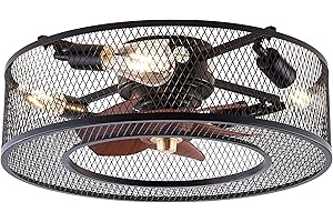 ycwdcz Ventilateur de Plafond avec Telecommande Industriel Vintage Plafonnier Ventilateur Noir Cadre Fer E27 Prise Ampoule Petit Ventilateur Silencieux Plafond Moteur DC Réversible Fonction Eté Hiver