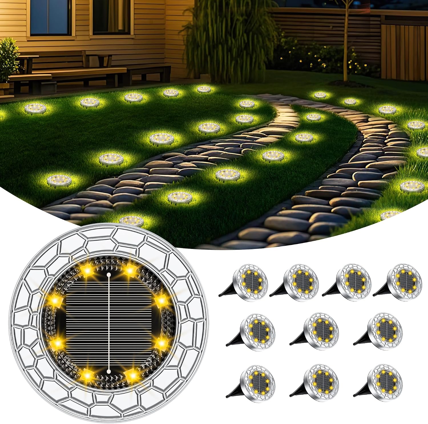 FIFlying 10 Piezas Luces Solares LED Exterior Jardín, 8 LED Luces Solares LED Exterior Jardín Suelo, Acero Inoxidable, Luces Solares LED Jardín para Césped, Camino, Acera, Patio, Blanco Cálido