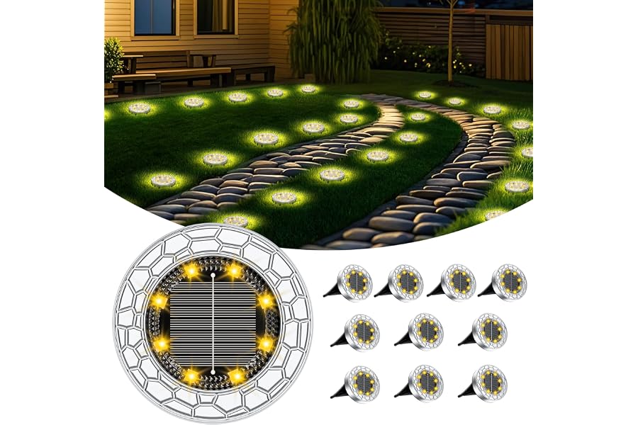 FIFlying 10 pezzi Luci Solari da Giardino, 8 LED Lampade Solare da Terra | Acciaio Inossidabile Bianco Caldo Faretti Sepolta 