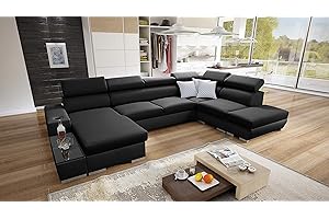 ‎ALL4ALL All4All Ecksofa Picanto mit Schlaffunktion Couch Wohnlandschaft Bettkasten Groß XXL Big Sofa Gewebe Kunstleder Grau Schwarz Blau Lila U-Form 26 (Links, Sawana 14 + Ekj 5)