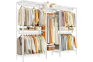 REIBII Clothes Rail Heavy Duty, Metal Clothes Rack with Shelves and Hanging Rails for Garments, Portable Open Wardrobe for Bedroom Walk-in Closet Garage, 195H x 190W x 45D cm, Black (White)