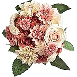 Famibay Künstliche Blumen Rose mit Gänseblümchen Dahlie Blumen für Zuhause Hochzeit Dekoration 2 Blumensträuße Mischen