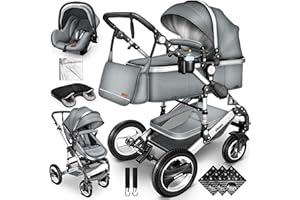 KIDUKU® 3 in 1 Passeggino Completo Trio | Passeggino Sistema Combinato con Navicella Ovetto Seggiolino Auto Coprigambe | Pneumatici in Gomma Dura Borsa Fasciatoio Tavolo per Bambini ECE R129