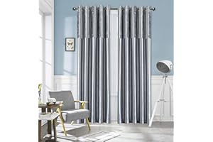 ROOEE Crushed Velvet Faux Silk Curtains - Eyelet Ring Top and Fully Lined (Silver, 90" Wide x 90" Drop)