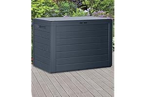 URBNLIVING Anthracite 190L Wood Design Outdoor Storage Box Garden Patio Plastic Chest Lid (Horizontal Stripes, Pack of One)
