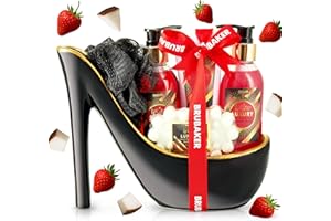 ‎BRUBAKER BRUBAKER Cosmetics Luxus Erdbeere und Kokosmilch Beautyset - 6-teiliges Bade- und Dusch Set - Geschenkset in Keramik Stiletto Schwarz Gold