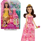 Mattel Disney Prensesi oyuncakları, 2 farklı g&ouml;r&uuml;n&uuml;me sahip Belle bebek, 9 aksesuar, takılıp &ccedil;ıkarılabilen 2 b&uuml;stiyer ve 2 et