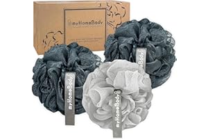 myHomeBody éponge Loofah 60g, éponge de bain, éponge pour le corps, Eponge exfoliante - Pouf de douche pour le lavage du corps avec charbon actif - 2 Midnight Blue + 1 Fog Gray, 3 Pack