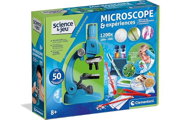 Clementoni | Science & Jeu – Microscope & Expériences pour Enfants 8 Ans+ | Coffret Scientifique avec 50 Activités, Grossissement 1200x, Accessoires Inclus | Jeu Éducatif STEM
