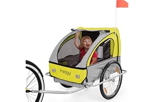 FROGGY Kinder Fahrradanhänger mit Federung + 5-Punkt Sicherheitsgurt Radschutz Anhänger für 1 bis 2 Kinder Design Sunny