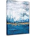 Yihui Arts Abstract Canvas Wall Art - Hand Painted Blue and White with Gold Foil - Modern Contemporary Vertical Painting for Hallway, Living Room, Bedroom, and Bathroom Decor