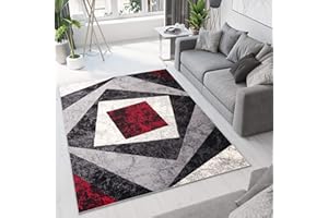 TAPISO Dream Tappeto Soggiorno Salotto Moderno Grigio Rosso Geometrico Quadrato A Pelo Corto 140 x 200 cm