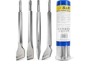 S&R Bohrhammer Meißel-Set SDS-plus, 4-teilig, robust und hitzegehärtet – 1x Flachmeißel, 2x Fliesemeißel, 1x Spitzmeißel für Beton, Mauerwerk, Ziegel und Asphalt – Werkzeug-Stahl