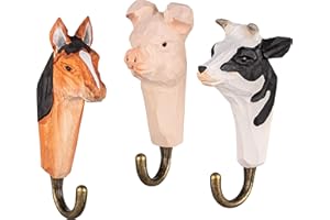 YOUR CASTLE 3 crochets muraux Crochets de garde-robe Porte-manteaux en bois Ferme : cheval, vache et cochon, fabriqués artisanalement avec des crochets en métal