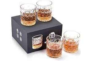 longyier Set di 4 Bicchieri da Whisky, 300ml Tumbler Basso Per Cocktail Bourbon Rum Cognac Vodka, Bicchiere Whisky Con Scatola di Lusso Adatti Come Dono Per Uomini e Donne