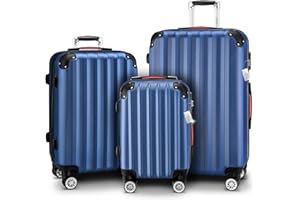 Monzana® 3tlg. Kofferset, Blau - M-L-XL - inkl. Schloss, Organizer & Kofferwaage - Gurt Gel-Griffe, Zwillingsrollen, Standfüße, Trolley, Reisekoffer, Hartschalenkoffer, Gepäck-Set, Trolley Set