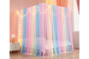Akiky Himmel-Bettvorhänge mit Lichtern, 4 Eckpfosten, Betthimmel für Erwachsene und Mädchen, Regenbogen-Bettvorhänge, Netz, 8 Vorhänge, Full/Queensize-Bett