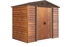 Outsunny Casetta da Giardino 3m² in Acciaio Zincato con Fori di Drenaggio Prese d'Aria, Capanno Porta Attrezzi con Tetto Inclinato, Doppie Porte Scorrevoli Bloccabili, Design Effetto Legno, Marrone
