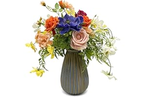 WAKISAKI Flores sintéticas en jarrón de cerámica, decoración de arreglos Florales Artificiales para el hogar, Cocina, Sala de Estar, Comedor, Mesa de café, centros de Mesa (Primavera)