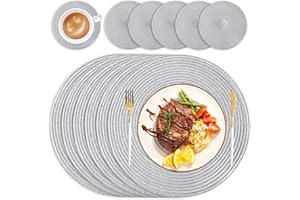 wiipara Round Woven Placemats Set of 6 Heat Resistant Round Braided Table Mats, 34 cm Washable Placemats and Coaster Sets for Dining/Kitchen Table, Party, Wedding, Silver