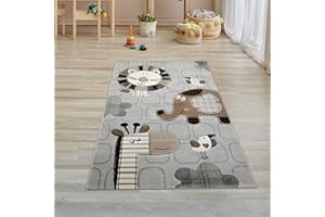 Teppich-Traum Alfombra Infantil de Juego para Niños Animales del Zoo León Elefantes Párajos Jirafa Gris marrón Crema - Muy Resistente Größe 80x150 cm