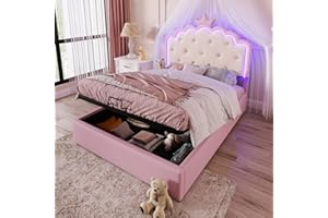 ‎MERAX Merax Kinderbett 140x200, Polsterbett für Mädchen Kronen-Doppelbett mit 16 Farben LED-Streifen, Hydraulischer Stauraum, aus PU-Leder Bettrahmen mit Lattenrost(ohne Matratze), Rosa