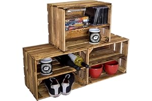 KISTENKOLLI ALTES LAND Cassette vintage fiammate, 50 x 40 x 29 cm/40 x 30 x 25 cm, decorazione per la casa, per la frutta, il vino o il fai da te (set da 3, 40 x 30 x 25 cm, con ripiano verticale)