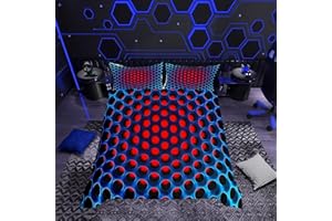 Loussiesd - Juego de funda de edredón infantil geométrica de panal de abeja estereoscópica con agujeros, azul y rojo, de microfibra tridimensional, impresión 3D, tamaño doble