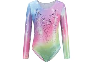 Cucudy Leotardos de gimnasia para niñas, color blanco, amarillo, azul, verde, morado, rosa, arco iris, degradado, sin mangas, leotardo de baile, ballet y gimnasia, atlético para niñas de 5 a 12 años