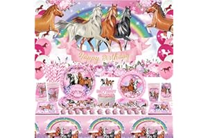 Obussgar Rosafarbenes Pferde-Partyzubehör für Mädchen, 159 Stück Pferde-Themendekorationen, einschließlich Alles Gute zum Geburtstag-Hintergrund, Pappteller, Servietten, Becher, 20 Personen