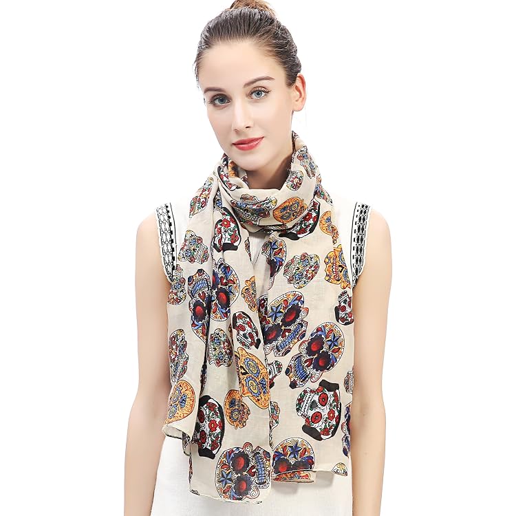 Écharpe Femme Imprimée Crânes Halloween - Foulard Léger En Coton Doux 90x180cm