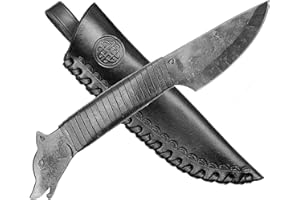 Madhammers Coltello forgiato a mano in acciaio a forma di testa di lupo e punta lama con custodia in vera pelle di colore nero, per amanti dell'arte e della cultura, lunghezza totale 23 cm