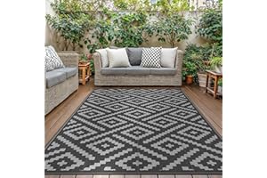 GENIMO Tapis Exterieur Resistant Pluie Terrasse, Reversible Résistant aux UV Tapis Extérieur, Couverture de Pique-Nique Portable pour Jardin, Balcon, Camping, Barbecue, 240x300cm, Noir & Gris