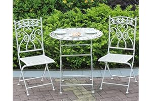 GlamHaus Garden Bistro Patio Set, 3 Piece Outdoor Or Indoor Metal Foldable Furniture, 2 Chairs And 1 Table For Balcony, Decking, Terrace, Lawn, Shabby Chic - Paris (Antique White)
