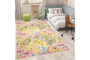 TAPISO Flannel Alfombra Antideslizante Lavable Diseño Moderno Carretera de Coches Rosa Verde Amarillo Alfombra Infantil para Niños Alfombra de Juegos Oeko-Tex 200 x 300 cm