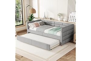 Ymkua Polsterbett Einzelbett Sofabett 90x200 cm, Kinderbett Schlafsofa Tagesbett mit Ausziehbares Rollbett, Jugendbett Bett mit Lattenrost, Gästebett Wohnzimmer Schlafzimmer,Grau, Linen, Ohne Matratze