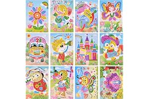 AUAUY 12 Stück Mosaik-Set für Kinder, Diamanten Mosaike-Fröhliche Tiere, Sticky Mosaics Travel Pack, Glitter Moosgummi Mosaik-Bild, DIY Kinder Bastelset Geschenke für Mädchen Jungen Basteln ab 4 Jahre