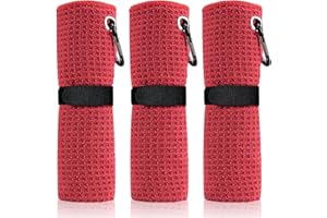 xuefenfei 3 Piezas Toalla Golf de Microfibra con Clips, Toallas de Golf, Accesorios Golf, Toalla Deportiva Plegable, 41 * 30cm, Muy Absorbente, Secado Rápido, Inodora, Diseño Gofre (Rojo)
