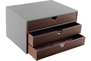 XNONE Home Office Desktop Desk Drawer Box with 3 Closed A4 Compartments, PU Leather Drawer Box, Jewellery Organiser, Cosmetic Organiser, U-shaped Opening, Hand-Stitched Seams (Grey)