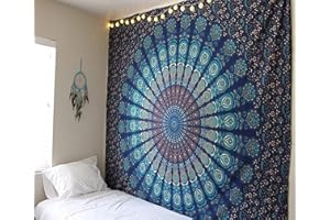 RAJRANG Arazzo Decorativo da Appendere a Parete per Soggiorno Camera da Letto Blu 228 x 274 cm Arazzi Mandala Con Piume di Pavone Plaid da Spiaggia in Cotone Indiano