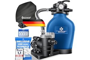 KESSER® Sandfilteranlage mit Pumpe & 1200g Filterbälle | Poolfilter 600W | Sandfilter für Pool 13200L/h Durchfluss | Tankvolumen bis 30kg Sand | 7-Wege Ventil mit Druckmanometer, Abdeckung & Zubehör