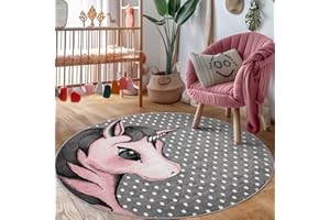 ‎CARPETTEX TEPPICH Carpettex Kinderteppich süße Einhorn Design Pink 160 cm Rund - Kurzflor Teppich Kinderzimmer für Mädchen und Jungen Pflegeleicht Weich - Waschbarer Spielteppich Babyteppich Gaming Teppich Babyzimmer