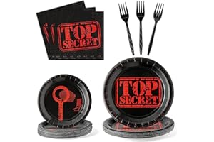 G1ngtar Top Secret Partyteller, Geheimagent, Spionagedetektiv, Partygeschirr, Dekorationen, Escape Room, Einweg-Pappteller, Servietten, Gabeln für Kindergeburtstag, Babyparty, für 24 Gäste, 96 Stück