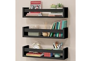 NATURE SUPPLIES Set 3 Mensole da Parete in Legno Massello - Camera Bambini - Ideali per Libri e Giocattoli (3 Pack, Black)