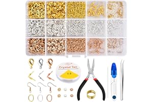 Remione 1000 Stück Schmuckherstellung Set Zubehör Karabinerverschlüsse, Offene Biegeringe, Quetschperlen, Quetschkalotten, Ohrringhaken für Anfänger Armbänder Selber Machen 3 Farben RM032