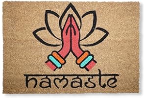 koko doormats Felpudo Entrada Casa Original de Coco Natural “Namaste” | Alfombra de Entrada Antideslizante para Exterior e Interior | 60x40 cm | Diseño Etnico | Base PVC Segura