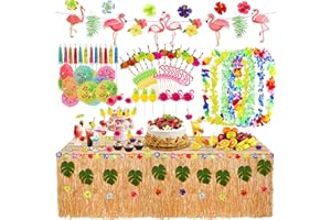 SelfTek Hawaii Party Dekoration Set, 107 Stück Tropische Party Dekoration mit Luau Tischröcke, Palmblätter, Blumen, Girlanden, Frucht Papierstrohhalmen und Flamingo-Banner zum Grillen, Gartensommer